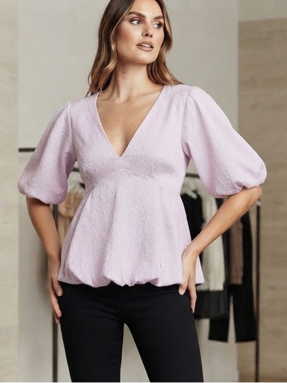 VENUS Pale Pink Textured V-Neck Peplum Blouse